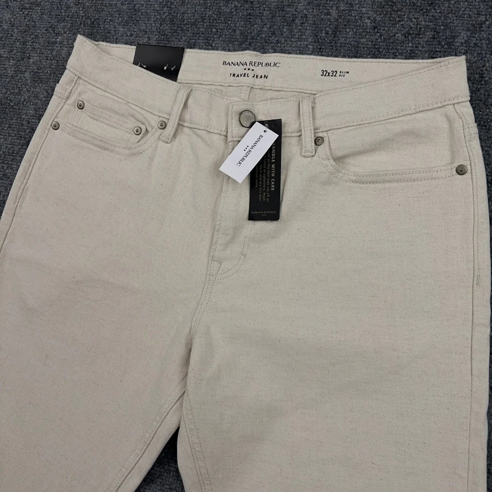 NEW Banana Republic Travel Jean Men 32x32 Ecru Slim Fit Tapered Stretch Speckled